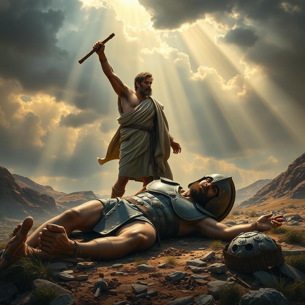 A dramatic depiction of the biblical scene where David defeats Goliath