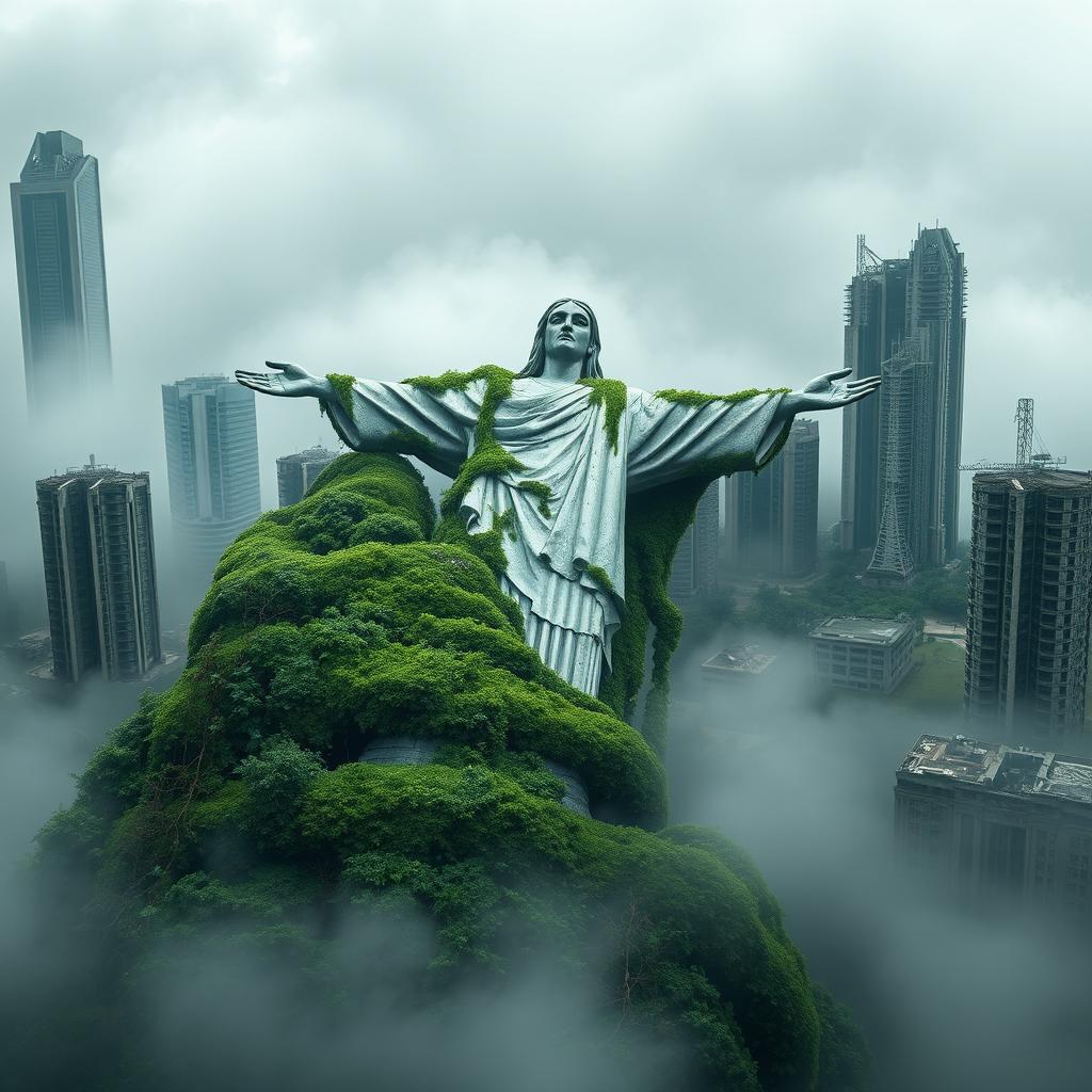 A haunting futuristic vision of the iconic Christ the Redeemer statue, dramatically broken and tilted, lying amidst a long-abandoned world