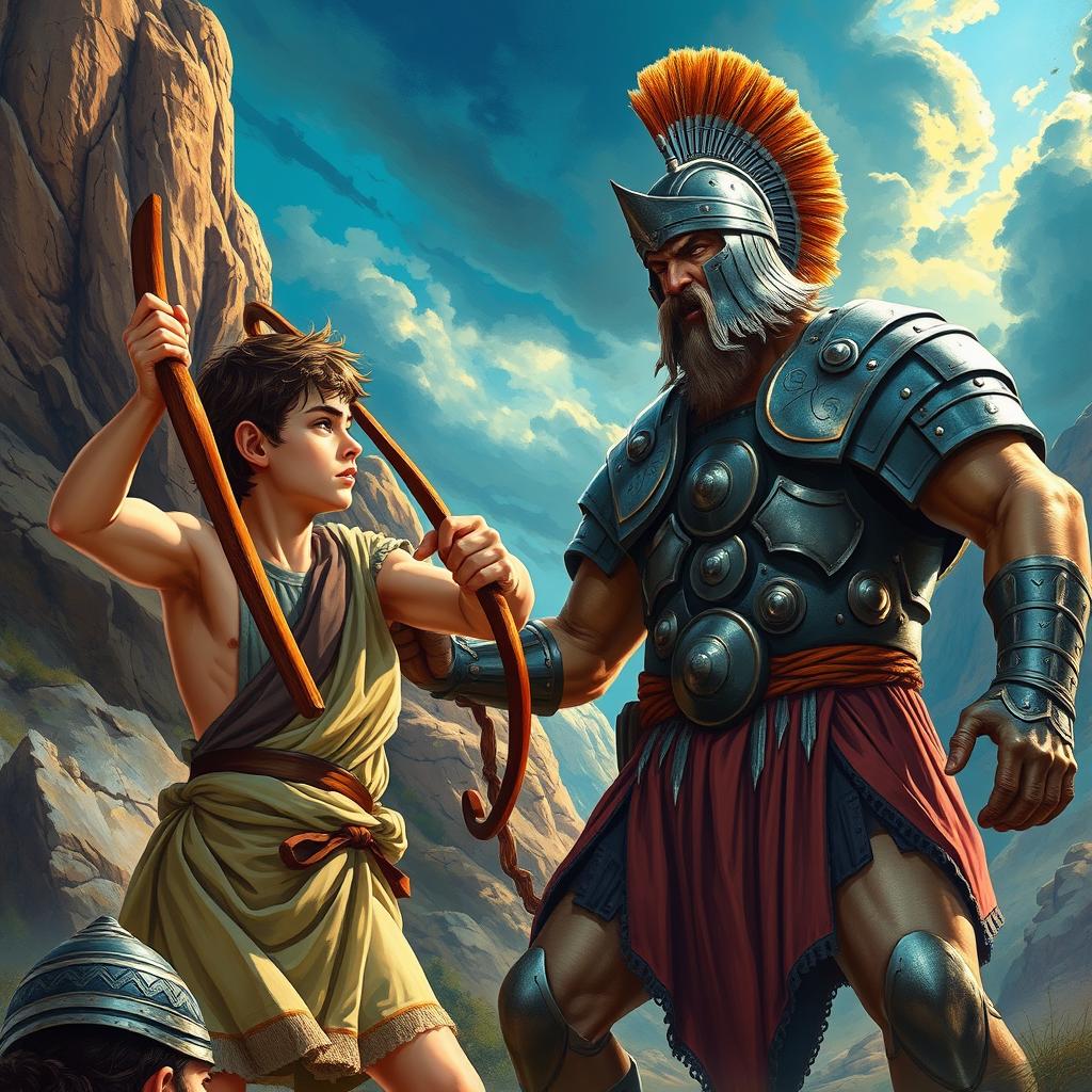 A dramatic depiction of the biblical story of David and Goliath, showcasing the intense moment of their battle