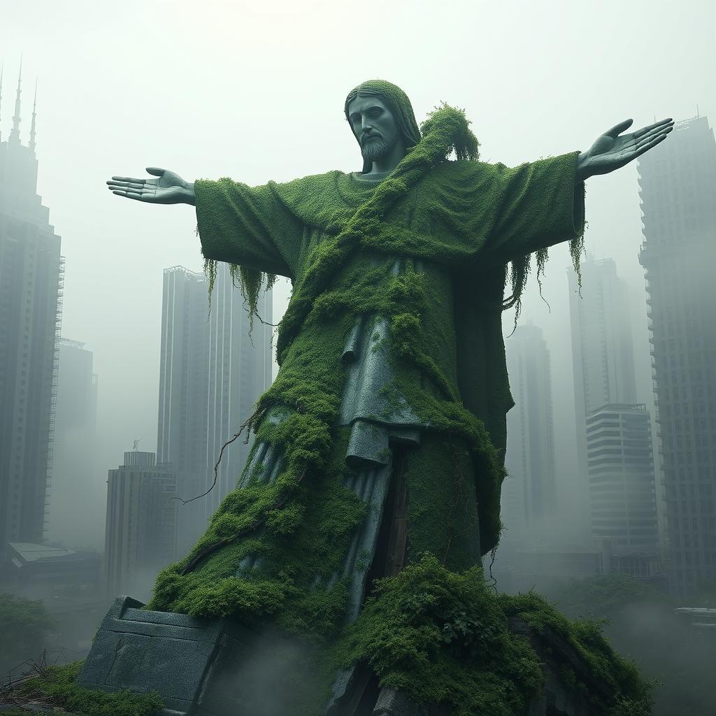 A haunting futuristic vision of the iconic Christ the Redeemer statue, dramatically broken and tilted, resting in a desolate world long abandoned by humans