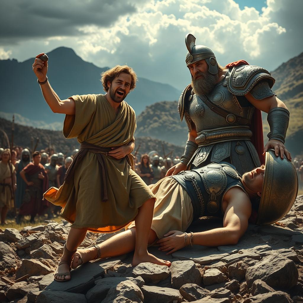 A dramatic scene depicting David triumphing over Goliath, capturing the moment just after David has struck Goliath with the sling stone