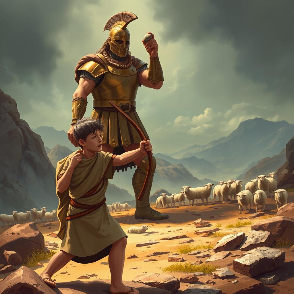 A dramatic scene depicting the biblical story of David striking down Goliath with a stone
