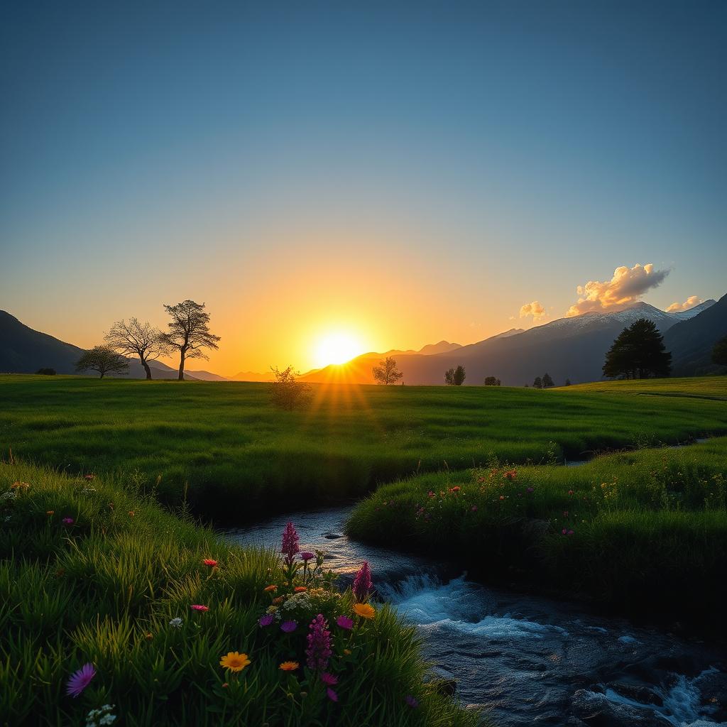 A serene landscape featuring a lush green meadow under a clear blue sky, with a gently flowing river in the foreground