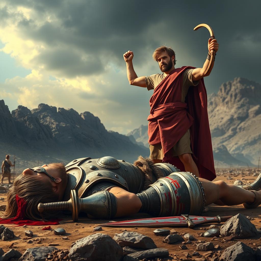 A dramatic scene depicting the biblical story of David standing triumphantly over the fallen giant Goliath