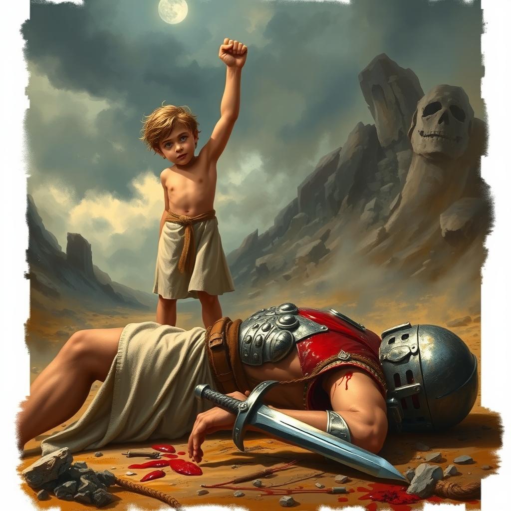 A dramatic and artistic scene depicting the biblical story of David, portrayed as a young child, standing triumphantly over the fallen giant Goliath