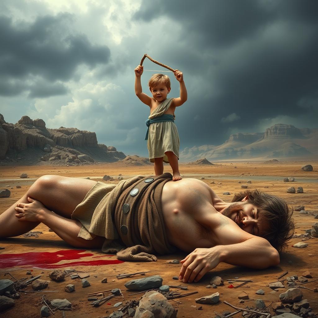 A hyper-realistic portrayal of the biblical scene where young David stands victoriously over the fallen giant Goliath