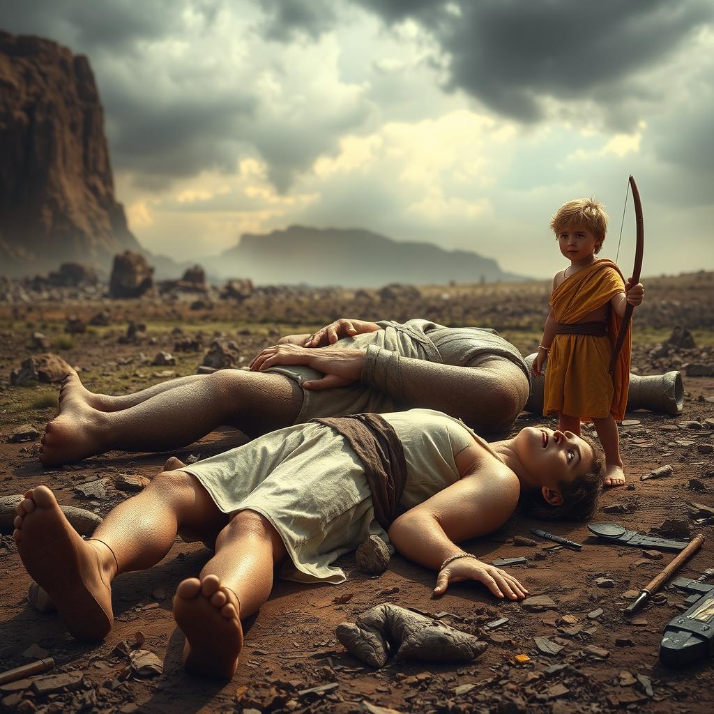 A striking scene depicting the aftermath of the biblical battle, showcasing Goliath lying dead on the ground, his enormous frame lifeless and with signs of battle
