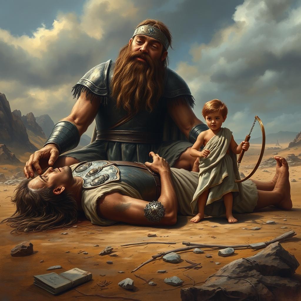 A realistic and powerful depiction of the biblical scene with Goliath lying dead on the ground, showcasing his massive size and armor