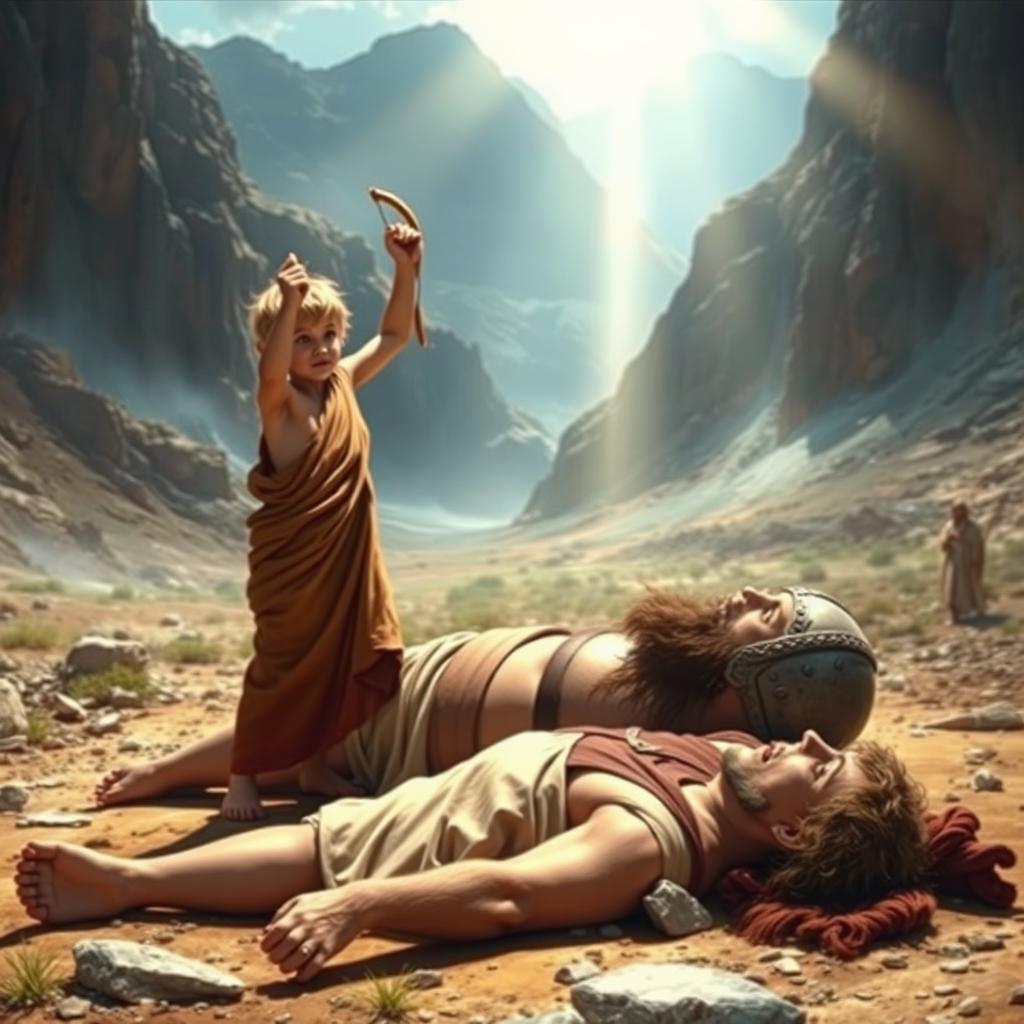 A vivid representation of the biblical scene featuring a young David, depicted as a child, standing triumphantly over the lifeless body of Goliath, who is depicted as a giant warrior lying on the ground
