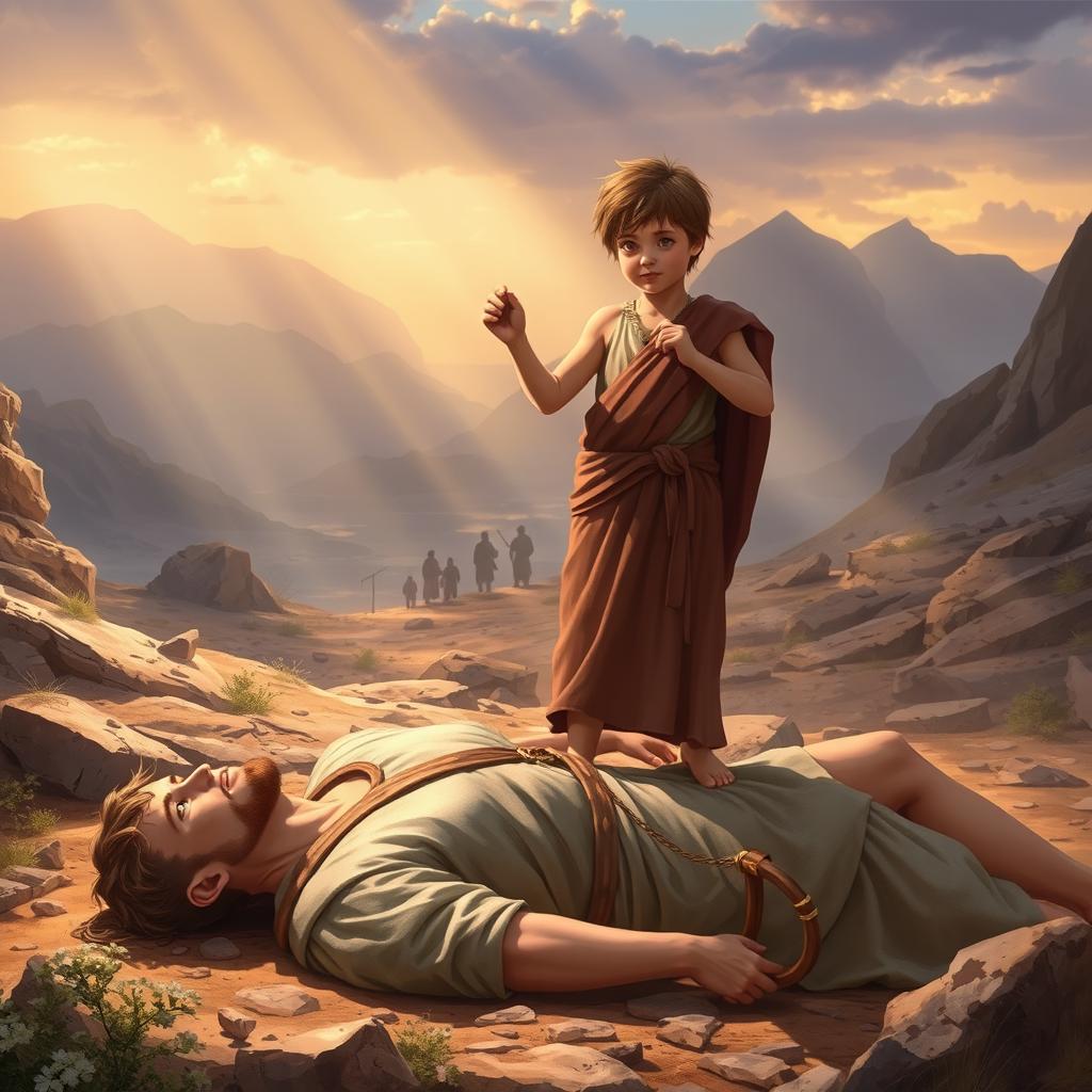 A realistic illustration of the biblical scene where young David stands over the slain giant Goliath, who is depicted as a massive warrior lying deceased on the ground