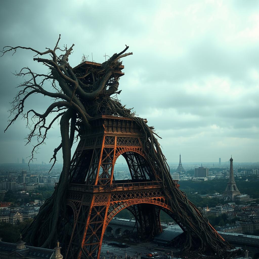 An evocative scene of the Eiffel Tower transformed from a symbol of love into a haunting representation of decay