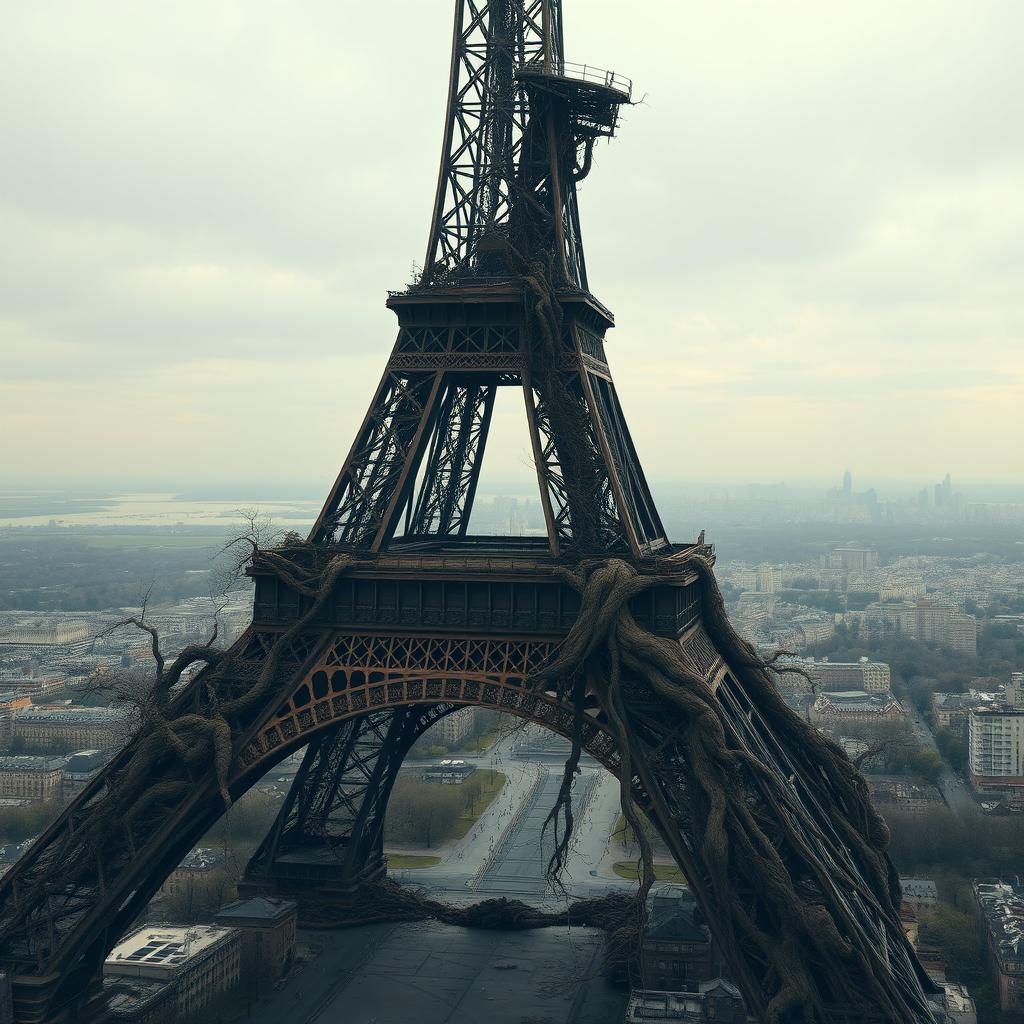The Eiffel Tower transformed from a symbol of love into a gripping representation of decay, where half of its majestic structure has collapsed