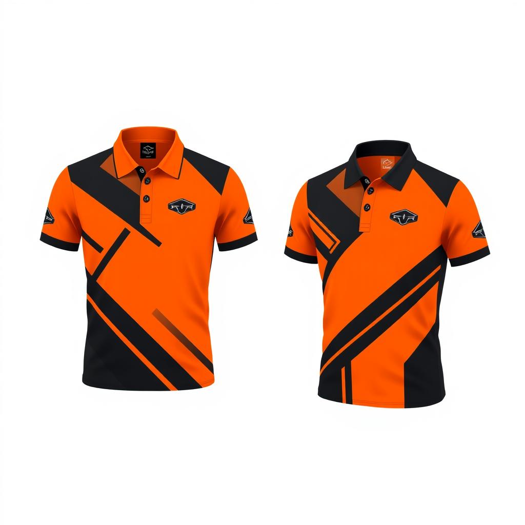 A vibrant design concept for a car brand's polo shirt featuring a striking combination of orange and black colors