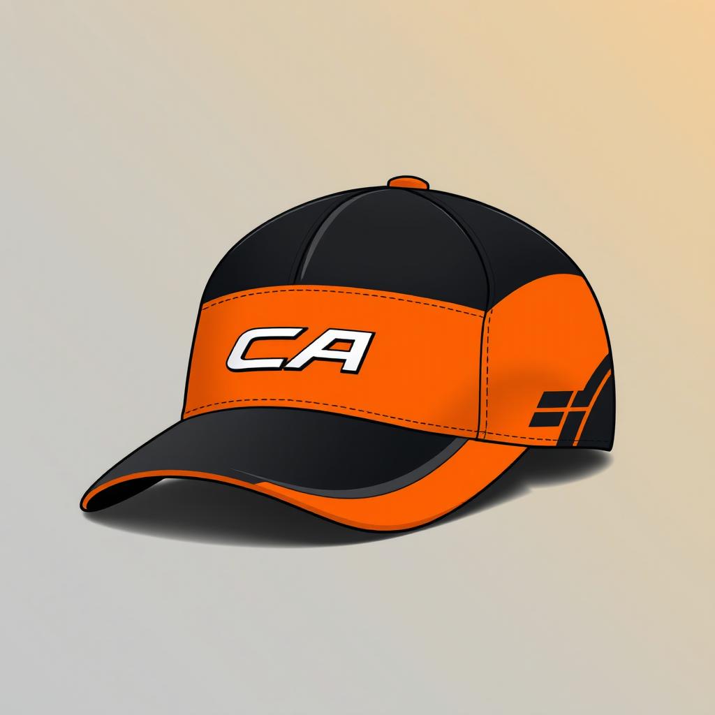 A stylish design concept for a car brand's cap featuring a bold color scheme of orange and black