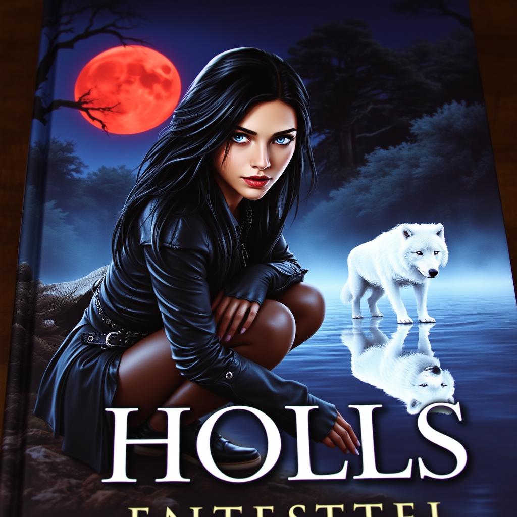 A captivating book cover featuring a Caucasian woman with striking blue eyes and long black hair, dressed in leather clothing