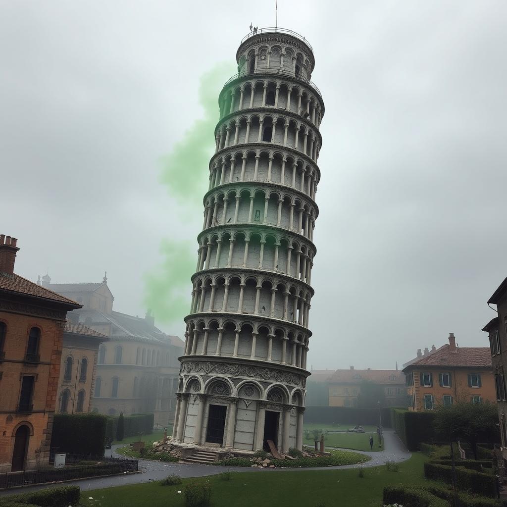 The Leaning Tower of Pisa has dramatically fallen, its ancient stones shattered and scattered across overgrown streets