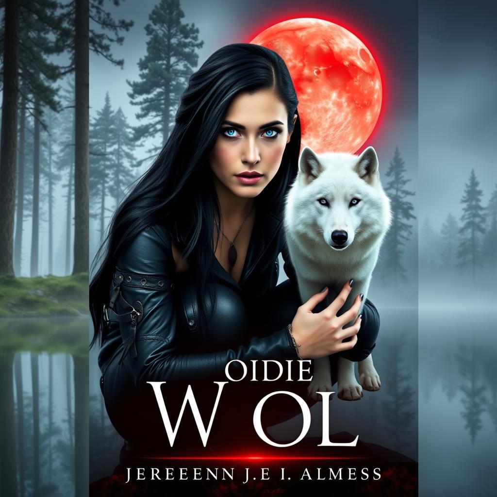 A stunning book cover featuring a Caucasian woman with emphasized blue eyes and long black hair, wearing leather attire