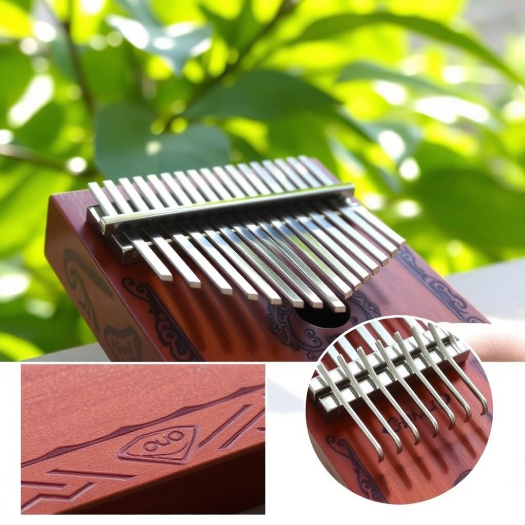 A beautifully crafted kalimba, also known as a thumb piano, made from rich mahogany wood with intricate carvings