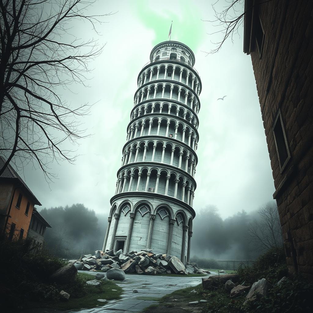 The fallen Leaning Tower of Pisa, its ancient stones shattered and scattered across overgrown streets
