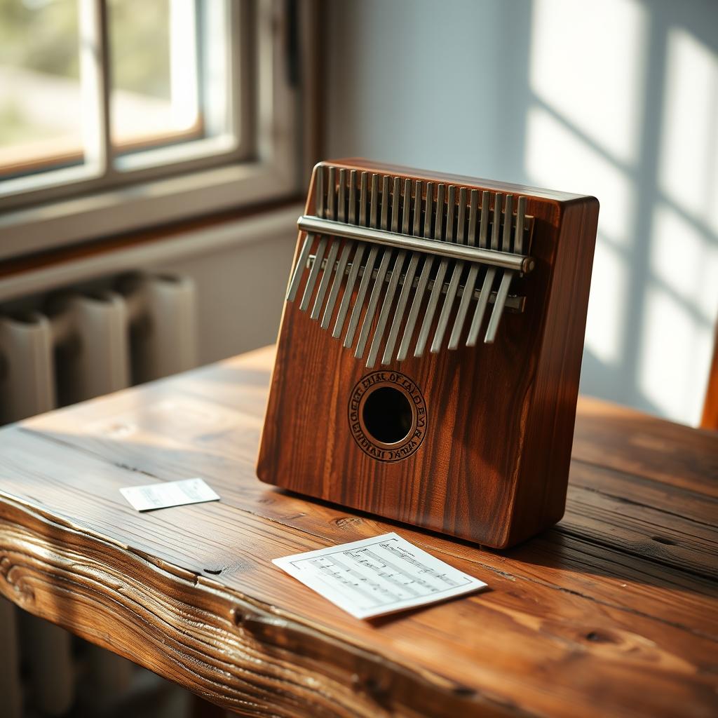 A beautifully crafted kalimba, also known as a thumb piano, displayed on a rustic wooden table