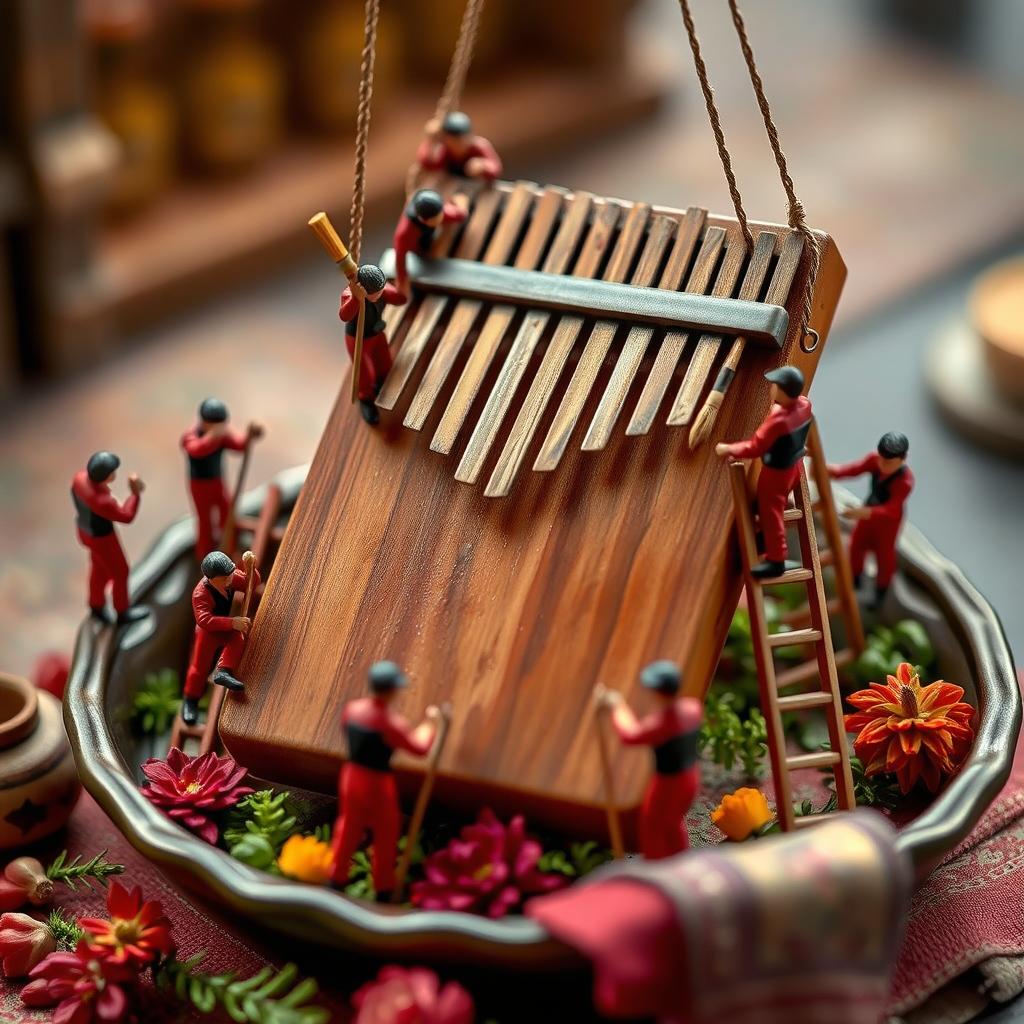 A highly detailed and realistic miniature scene featuring small figures dressed in red uniforms with black vests, actively cleaning a large kalimba