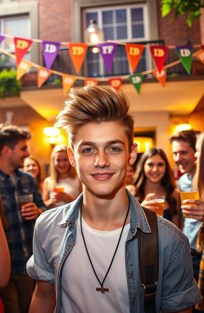 A vibrant scene set at a lively frat house party, showcasing a twink in the foreground