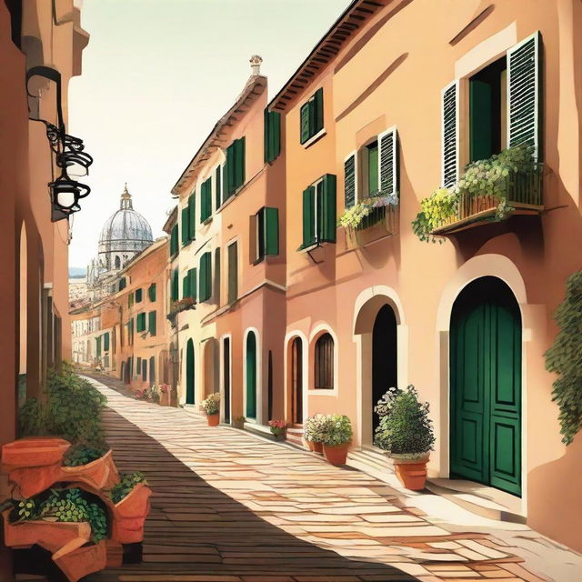 Produce an illustration that is distinctly recognizable as Italy, encompassing elements like its iconic architecture, cuisine, or landscapes.