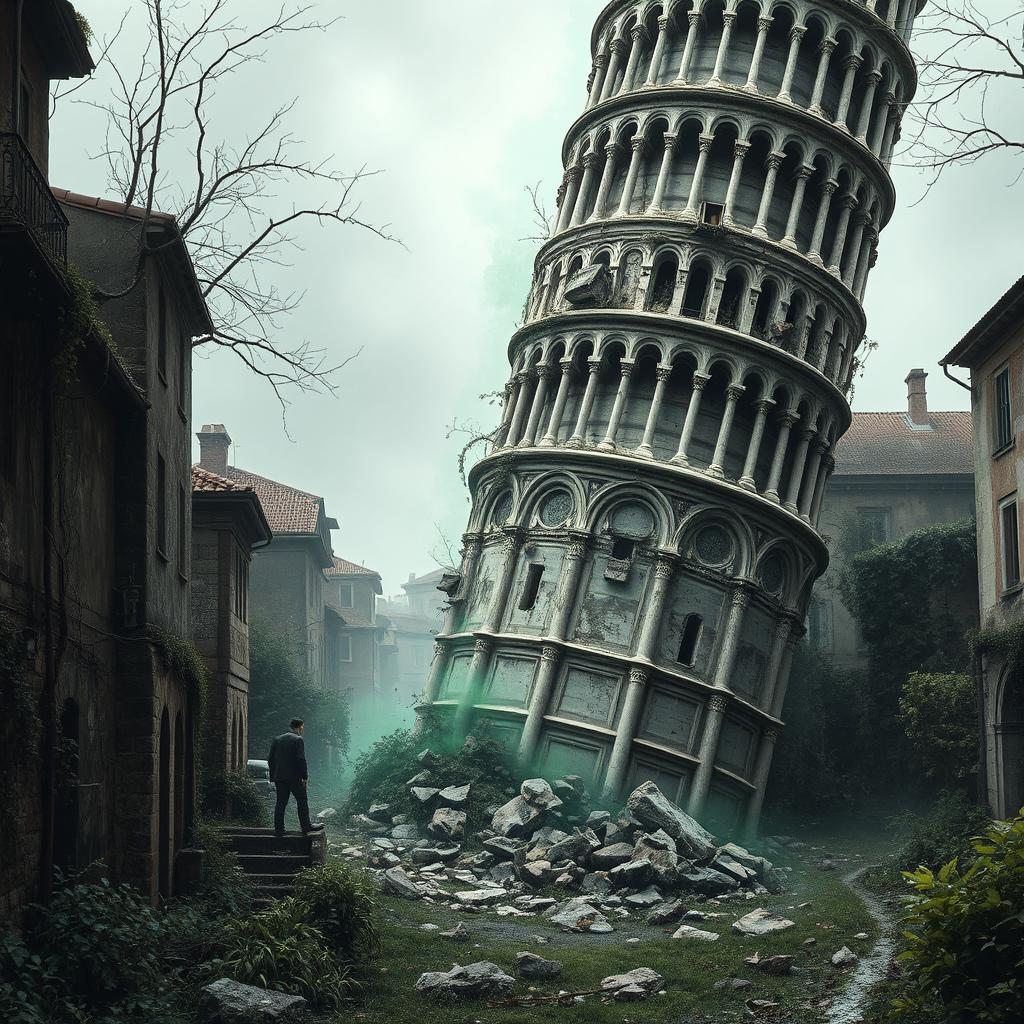 The fallen Leaning Tower of Pisa, its ancient stones shattered and strewn across overgrown streets overtaken by nature