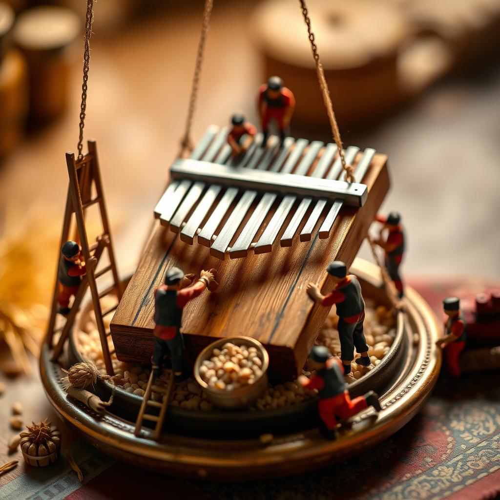 A highly detailed and realistic miniature scene featuring small figures dressed in red uniforms with black vests, actively cleaning a large kalimba