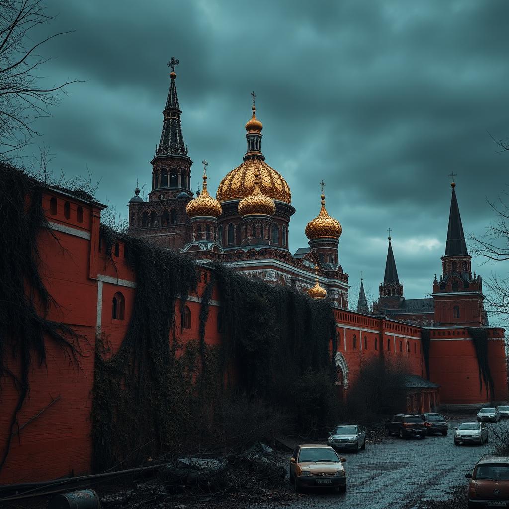 The Kremlin in ruins, its iconic red walls obscured by thick layers of blackened vines and creeping ivy