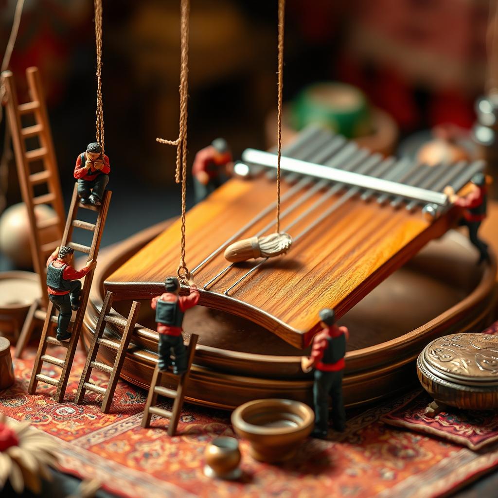 A highly detailed and realistic miniature scene featuring small figures dressed in red uniforms with black vests, cleaning a large kalimba