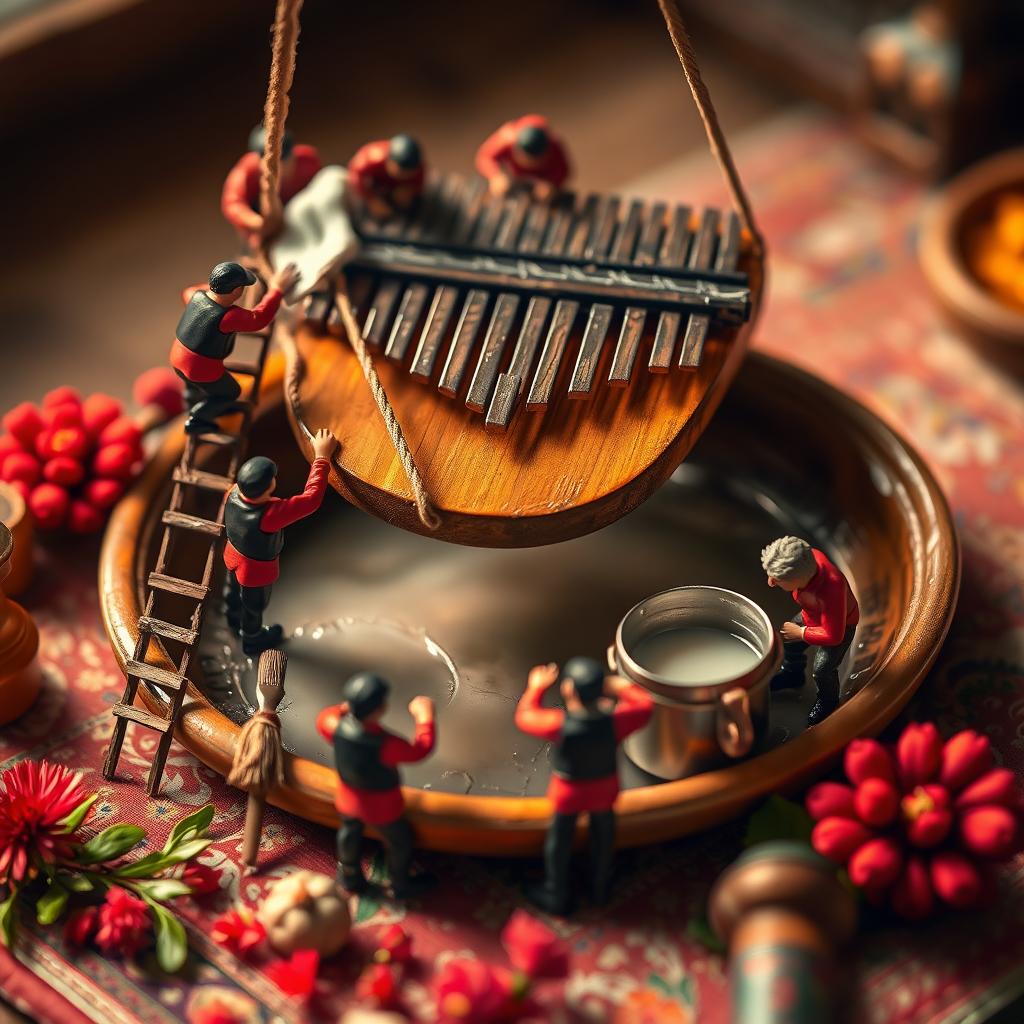 A highly detailed and realistic miniature scene featuring small figures dressed in red uniforms with black vests actively cleaning a large kalimba