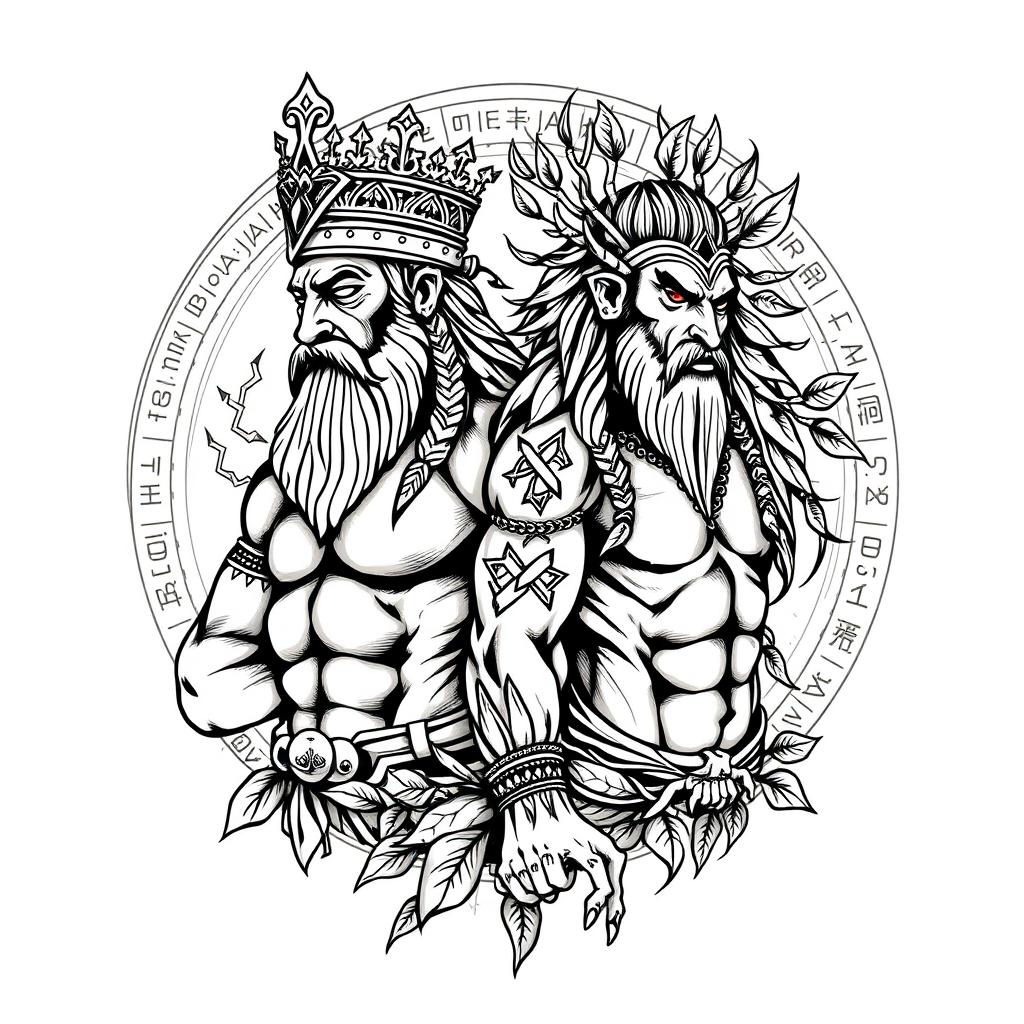 A striking tattoo design featuring the legendary figures Gilgamesh and Enkidu from ancient Mesopotamian mythology