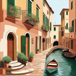 Produce an illustration that is distinctly recognizable as Italy, encompassing elements like its iconic architecture, cuisine, or landscapes.