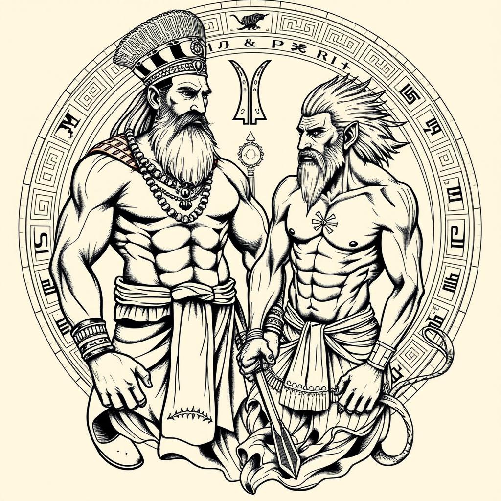 A highly detailed tattoo design of Gilgamesh and Enkidu from ancient Mesopotamian mythology