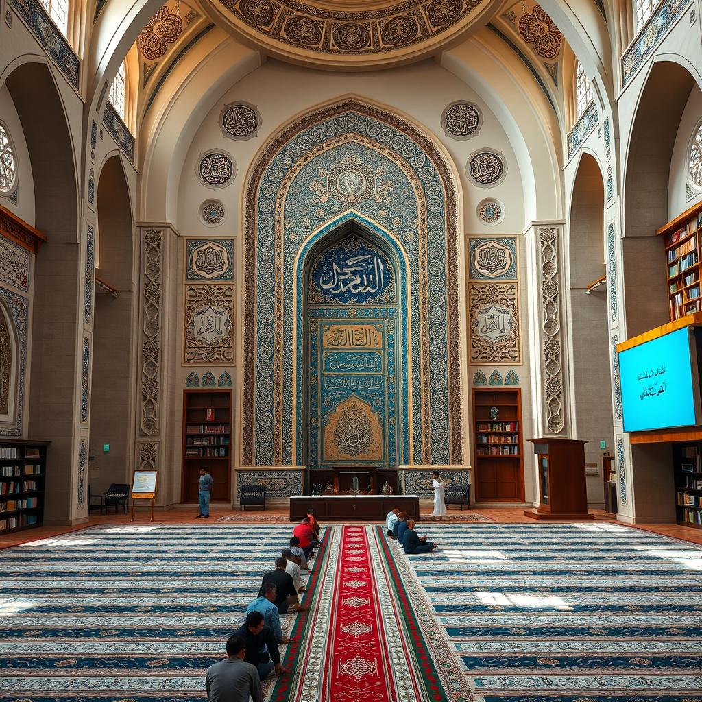 A beautifully designed interior of an Iranian mosque featuring a central mihrab adorned with intricate Iranian tile work
