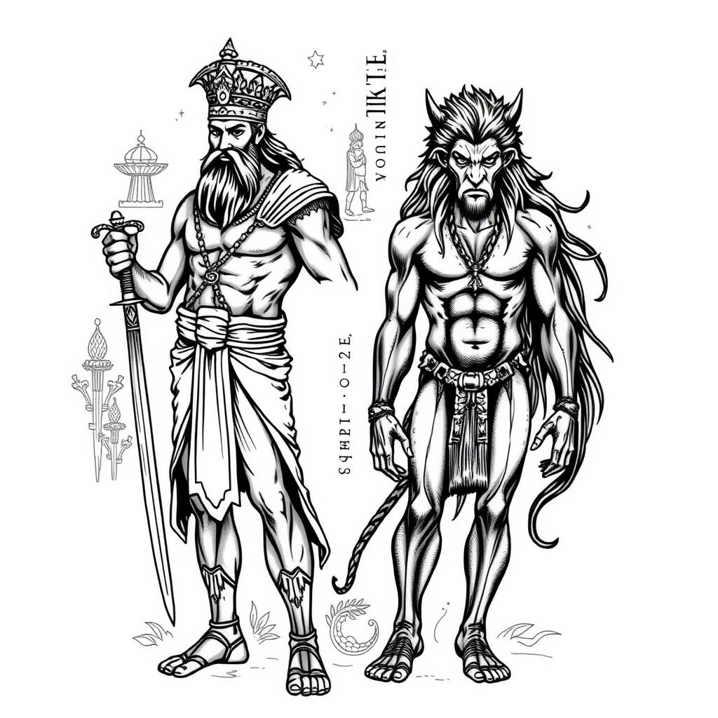 A detailed and intricate tattoo design featuring both Gilgamesh and Enkidu, with Gilgamesh depicted as a strong, regal figure in ancient Mesopotamian attire, wielding a sword and standing confidently