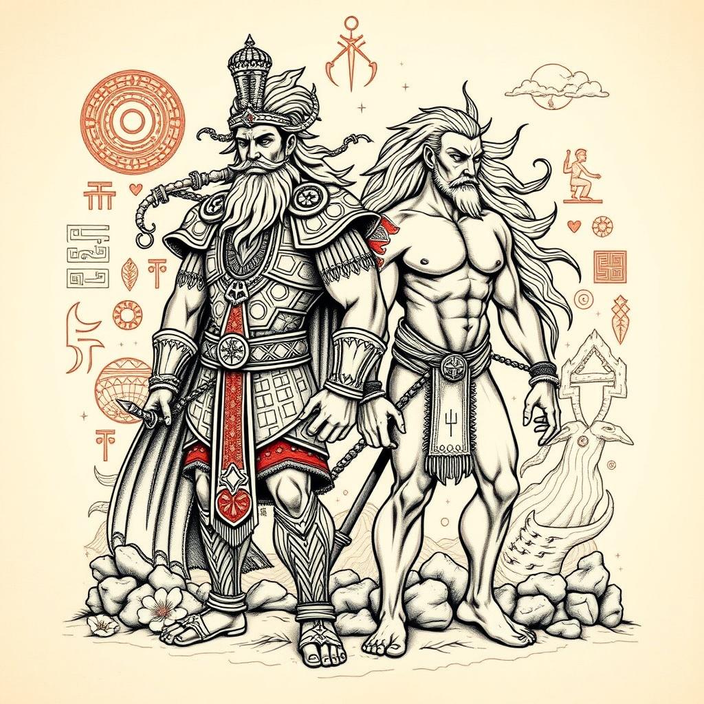 A detailed and imaginative tattoo design featuring the legendary figures Gilgamesh and Enkidu from ancient Mesopotamian mythology