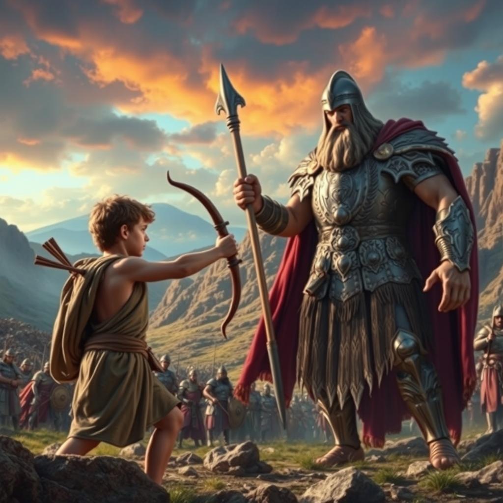 A dramatic scene depicting the biblical battle between David and Goliath, showcasing David, a young shepherd, confidently wielding a slingshot, poised for action