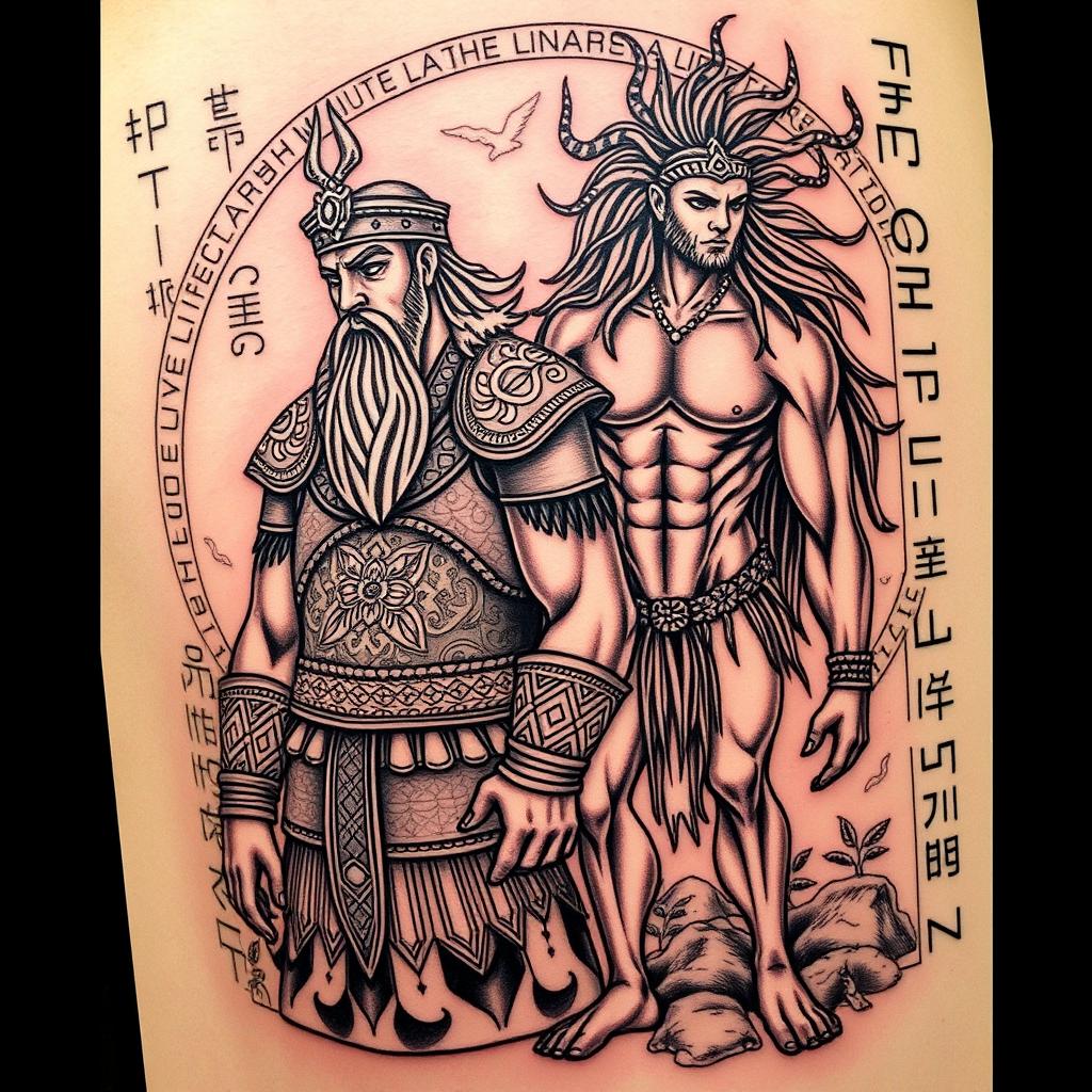 A stunning tattoo design featuring Gilgamesh and Enkidu, the heroic figures from ancient Mesopotamian mythology