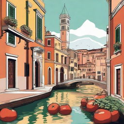 Produce an illustration that is distinctly recognizable as Italy, encompassing elements like its iconic architecture, cuisine, or landscapes.