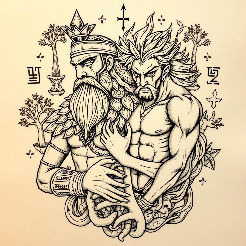 A richly detailed tattoo design depicting Gilgamesh and Enkidu, the iconic figures from Mesopotamian mythology