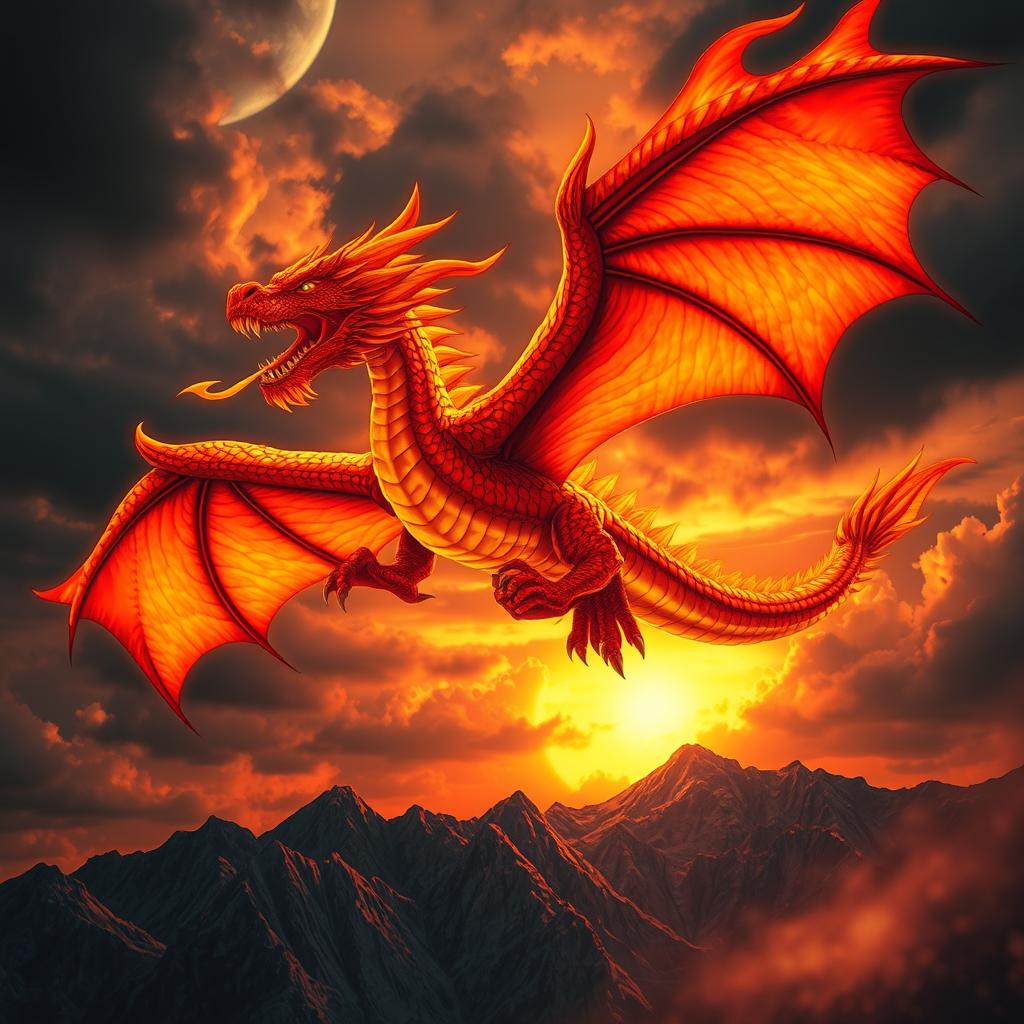 A majestic fiery dragon soaring through a dramatic sky, its scales gleaming with shades of red, orange, and gold