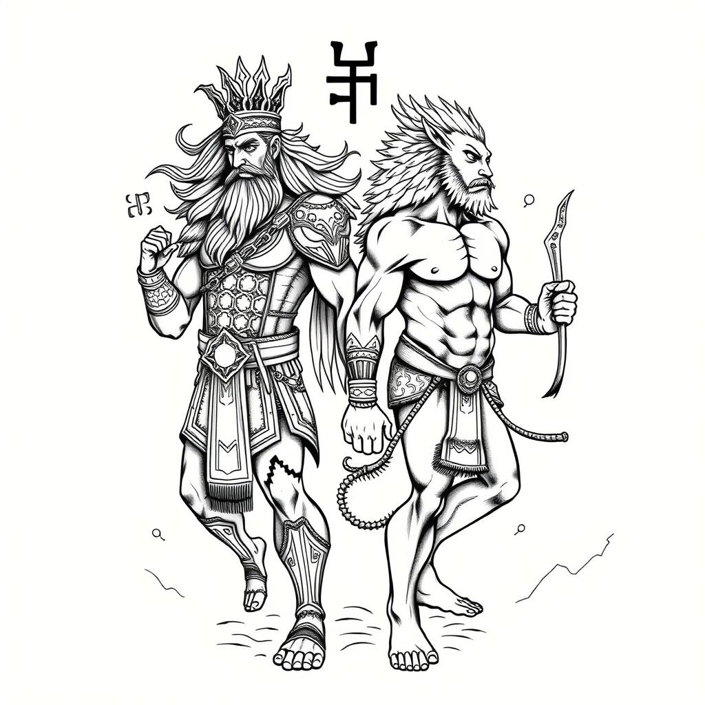 An intricate tattoo design featuring Gilgamesh and Enkidu, two iconic characters from ancient Mesopotamian mythology