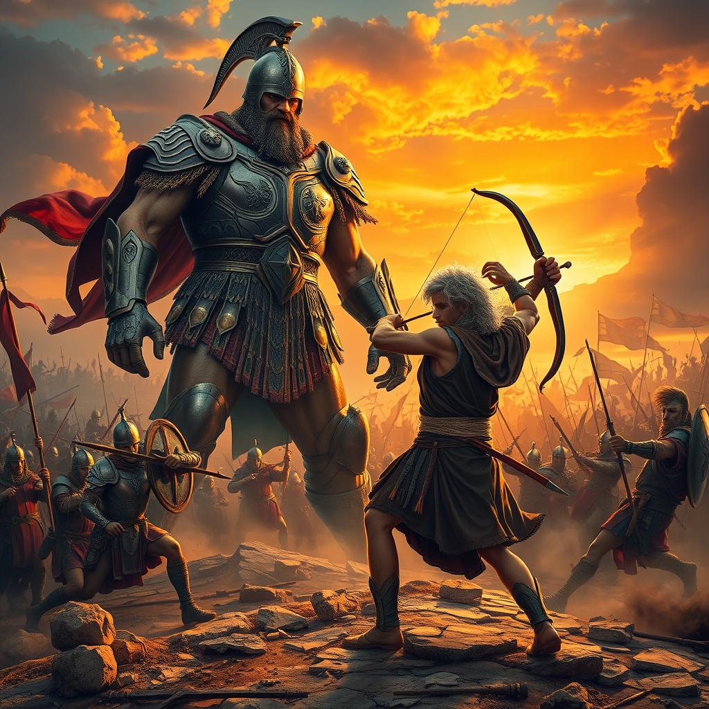 A vivid portrayal of the fierce battle between David and Goliath, set in a war-torn landscape