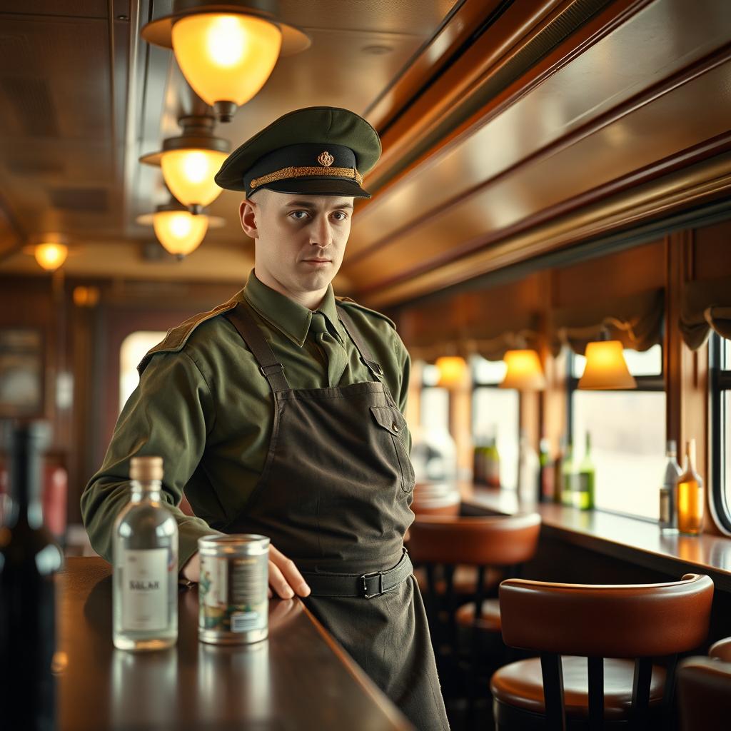A soldier-bartender working in a restaurant car, behind the counter