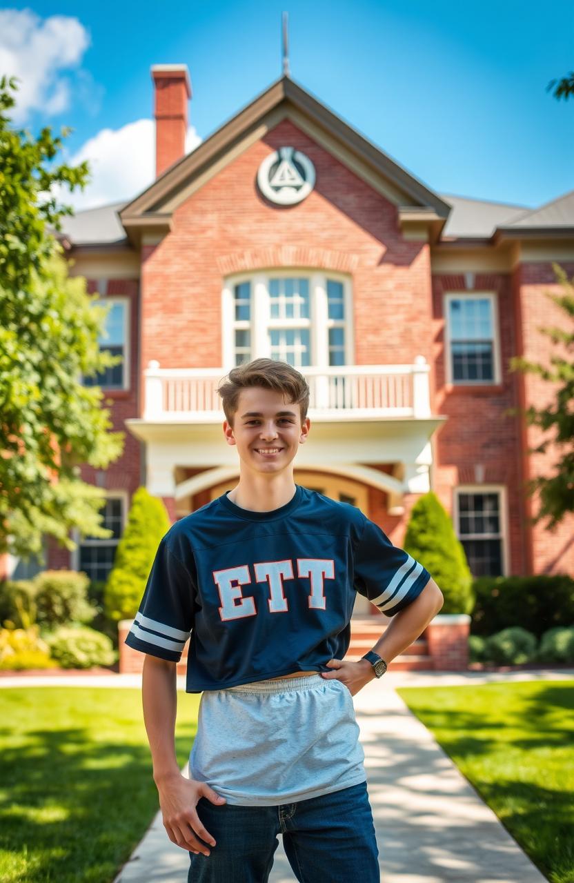 A vibrant scene featuring a young college boy confidently posing in front of a classic frat house