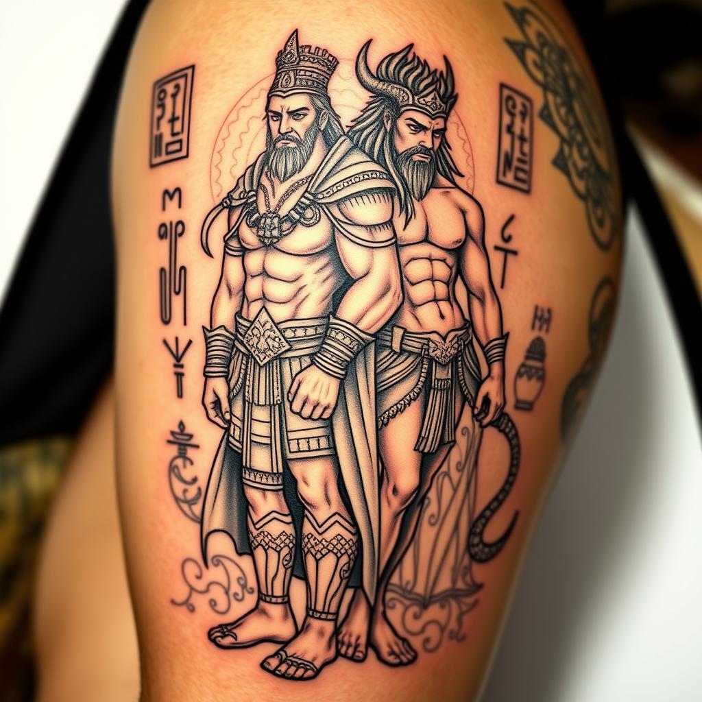 A detailed tattoo design featuring Gilgamesh and Enkidu from Mesopotamian mythology, portrayed as heroic figures
