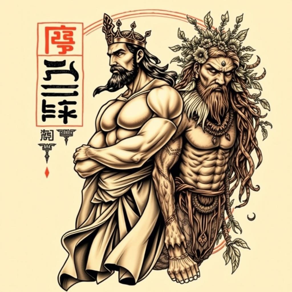 A detailed tattoo design featuring the legendary characters Gilgamesh and Enkidu from ancient Mesopotamian mythology