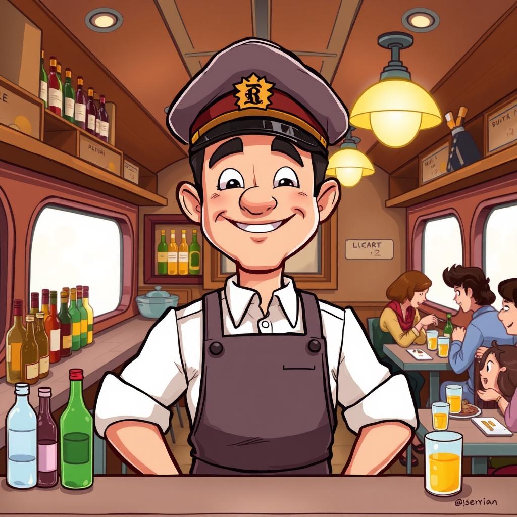 A cartoon-style illustration of a soldier-bartender who is also a cook behind the counter of a restaurant car